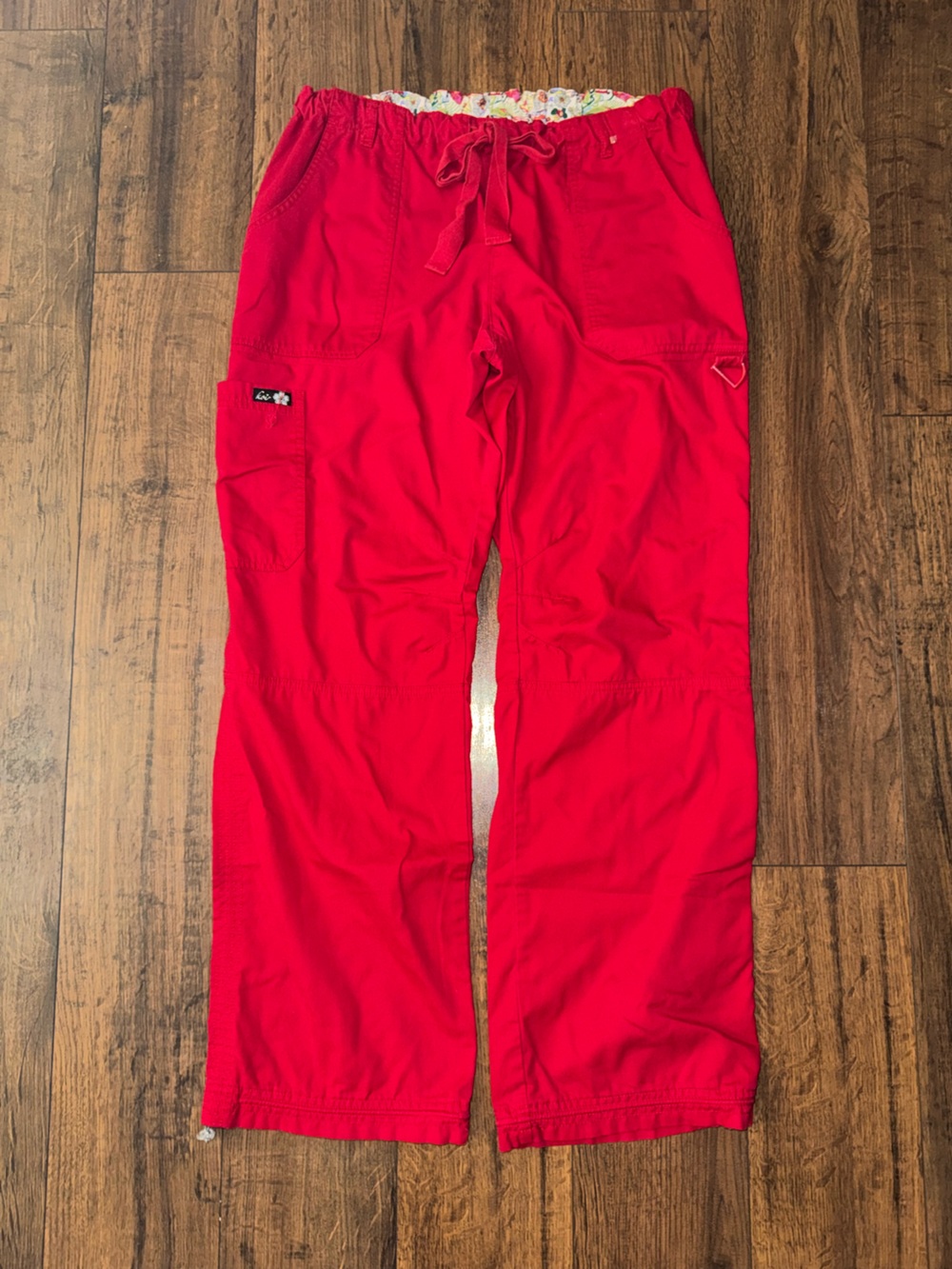 Bold Red Cargo Scrub Pants with Floral Trim